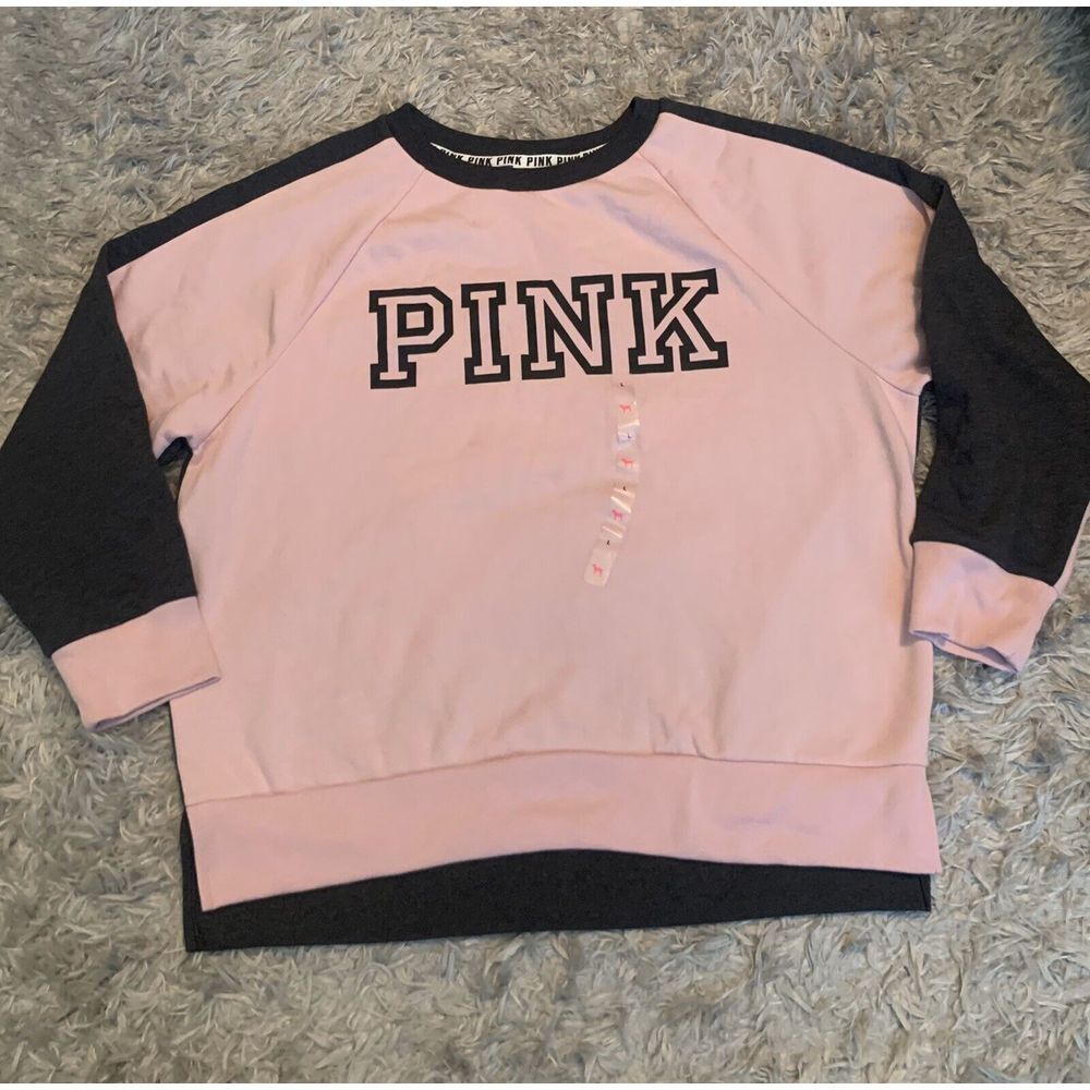 NWT Victorias Secret PINK Crew Sweatshirt Top Pink Gray Long Sleeve Loose Fit L